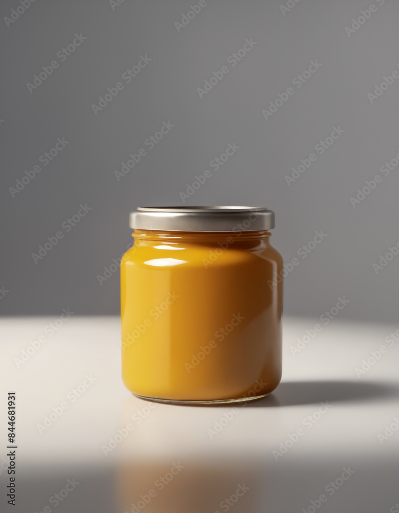 A glass jar of mustard with lid sitting on a white surface isolated on a grey background. A glass jar of mustard with lid sitting on a white surface isolated on a grey background.