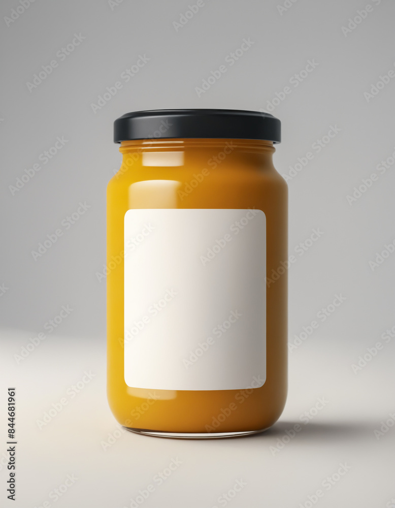 A glass jar of mustard with a black lid and white label with copy space, sitting on a white surface isolated on a grey background. 