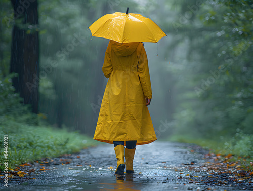 Eine Frau geht eine regennasse Straße entlang und hält einen gelben Regenschirm. Die Straße ist von Bäumen und Büschen gesäumt.
