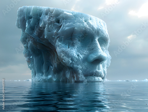 Ein Gesicht, das aus einem Eisberg geschnitzt ist und im Ozean treibt. Das Gesicht hat einen strengen Ausdruck.