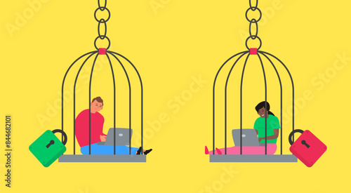 man and woman in locked cage using laptops online  internet addiction  vector illustration
