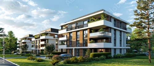 residential apartment block, modern wood and concrete, architectural plans, facades east