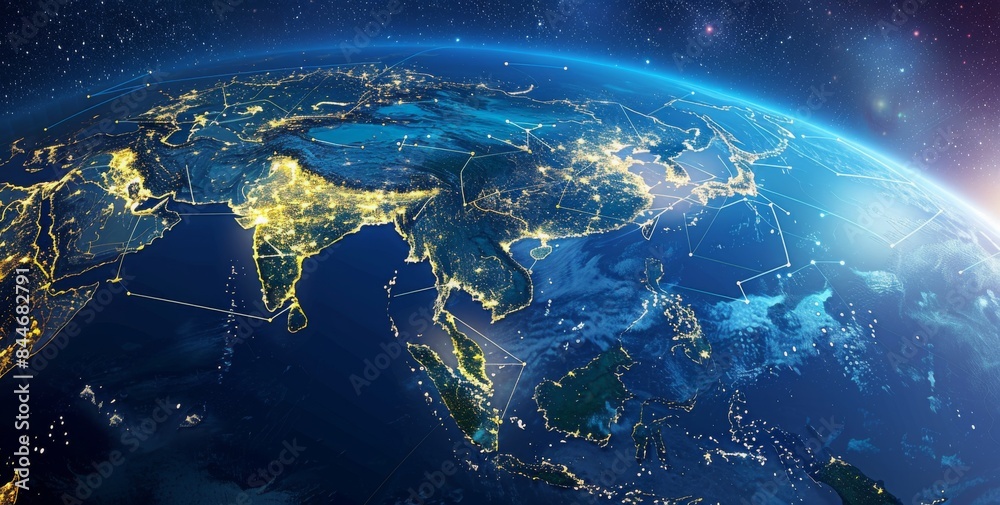 Obraz premium A high-resolution digital artwork of the Asian region showing global network connections and glowing lights, highlighting China's influential position in digital transformation efforts across the