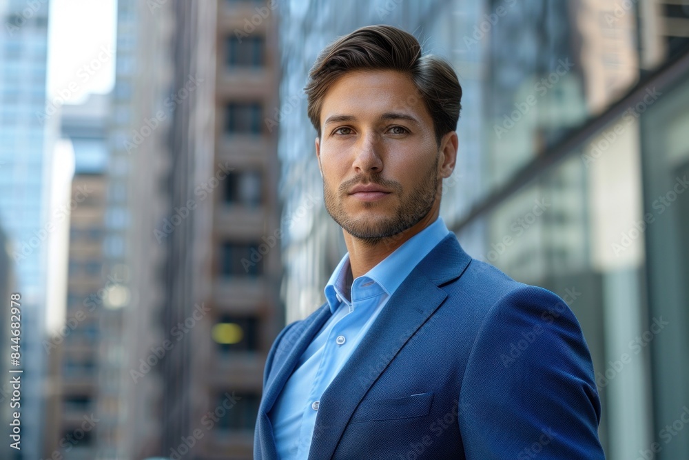 Confident businessman standing in city center posing for portrait Confident businessman standing in city center posing for portrait
