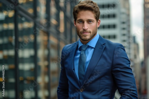 Handsome businessman wearing blue suit standing in city with office buildings in background