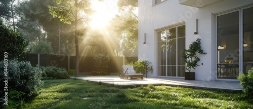 modern classic house boasts a terrace area adorned with chic garden furniture, creating an inviting outdoor retreat photo