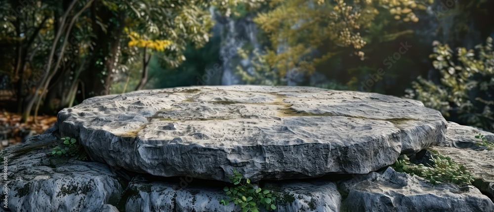flat stone podium on a rock platform serves as a stylish showcase against a backdrop of verdant forest scenery flat stone podium on a rock platform serves as a stylish showcase against a backdrop of verdant forest scenery