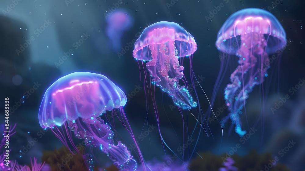 Bioluminescent jellyfish floating in deep sea Bioluminescent jellyfish floating in deep sea