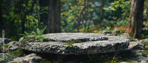 flat stone podium on a rock platform serves as a stylish showcase against a backdrop of verdant forest scenery