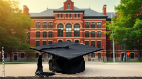 Black graduation cap with blurred background of university building