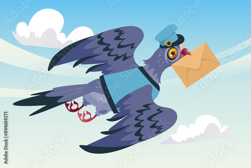Pigeon bird postman character carrying letter envelope isolated concept. Vector flat graphic design illustration