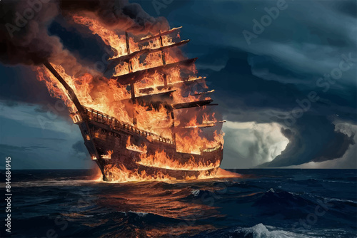 a pirate ship is burning in the water with a fire burning.