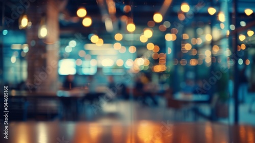 An unfocused view of a modern open office setting with various professionals engrossed in their work conveying the energy and productivity of a bustling coworking space. . photo