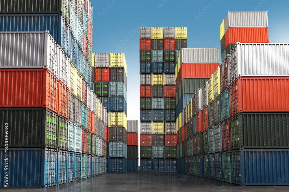 Fototapeta premium Sea freight containers. 40 foot containers warehouse. Tares for maritime export in air. Closed shipping containers under sky. Concept international sea logistics. Import goods. 3d image