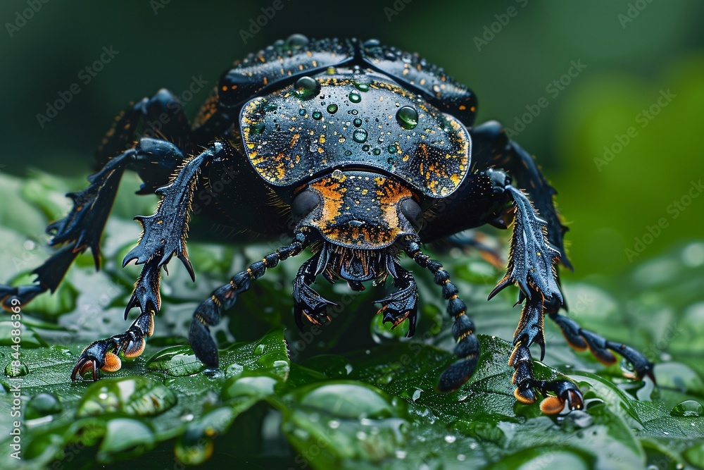 Enigmatic Beetle: Macro Photography Amidst Wet Foliage in the Humid Forest Enigmatic Beetle: Macro Photography Amidst Wet Foliage in the Humid Forest