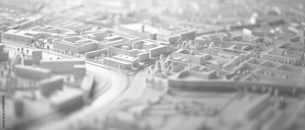 Architectural model of a city featuring topographic buildings bathed in soft lighting, captured in a classic black and white palette Architectural model of a city featuring topographic buildings bathed in soft lighting, captured in a classic black and white palette