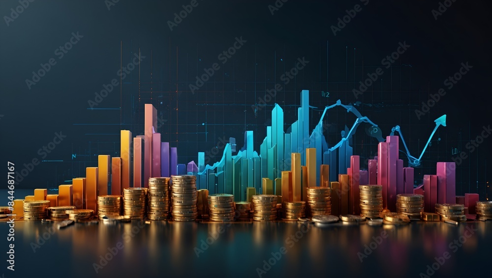 Fototapeta premium Generative AI Graph comparing savings in coins and bars, showing financial growth over time.