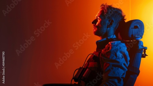 Profile view of a man in a chair, donned in a dynamite vest with an active timer, against a shadowy backdrop with a focused light source highlighting the tension. photo