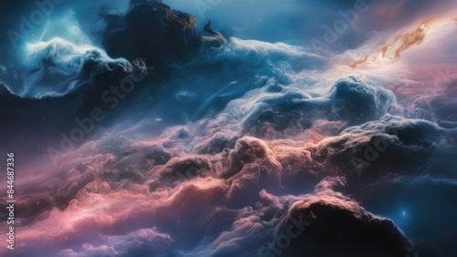 captures a cosmic landscape filled with swirling nebulae