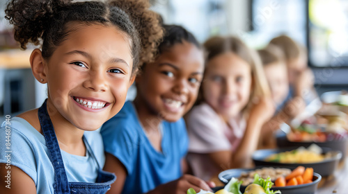 Happy kids smiling as they eat a balanced diet of whole grains, lean proteins, and fresh produce focus on, nutrition theme, dynamic, Overlay, school cafeteria backdrop © Nathakorn