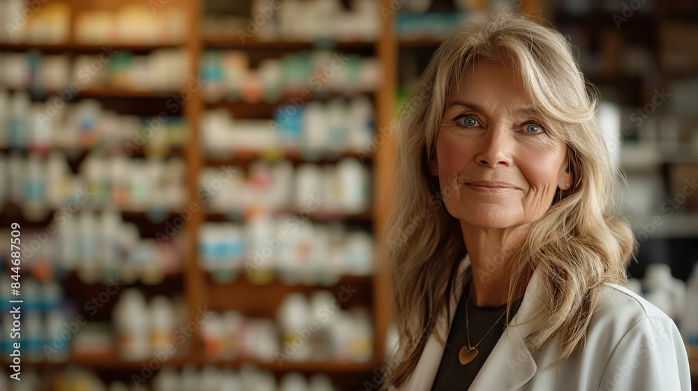 A 50-year-old Woman, profession: pharmacist, blond hair, blue eyes, front view, smiling, warm pharmacy décor A 50-year-old Woman, profession: pharmacist, blond hair, blue eyes, front view, smiling, warm pharmacy décor