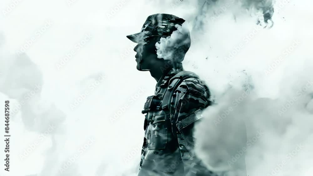 Video of man in a military uniform is standing in a cloud of smoke. Concept of chaos and destruction, with the man's presence in the midst of the smoke and debris Video of man in a military uniform is standing in a cloud of smoke. Concept of chaos and destruction, with the man's presence in the midst of the smoke and debris