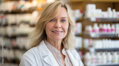 A 50-year-old Woman, profession: pharmacist, blond hair, blue eyes, front view, smiling, warm pharmacy décor
