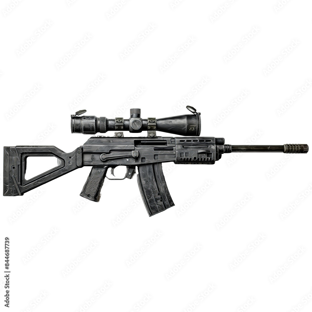 sniper rifle isolated on transparent png background. A black rifle with a scope attached to it