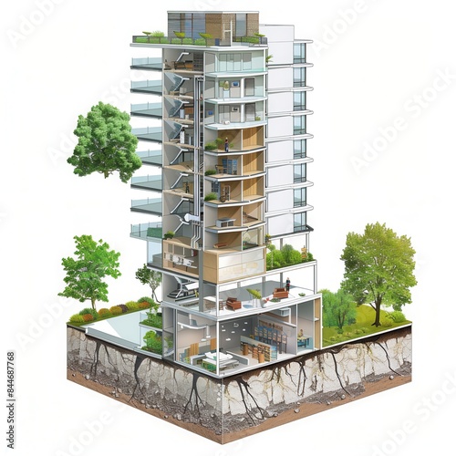 A cross-sectional view of a high-rise building with visible infrastructure and utilities