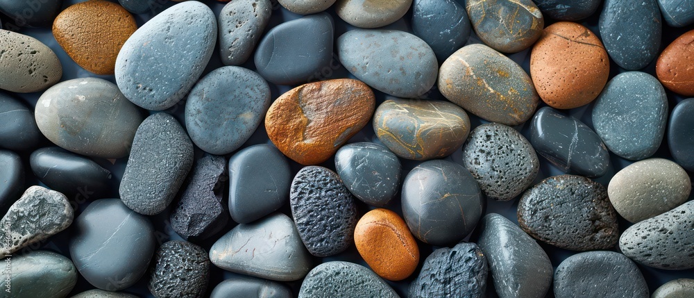 closeup of smooth, round pebbles in various colors and sizes arranged on the ground. The focus is sharp with each stone clearly visible against its surroundings closeup of smooth, round pebbles in various colors and sizes arranged on the ground. The focus is sharp with each stone clearly visible against its surroundings