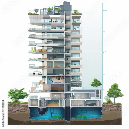 A cross-sectional view of a high-rise building with visible infrastructure and utilities