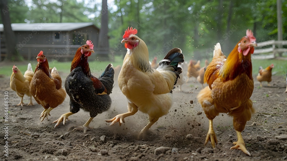 Fototapeta premium Diverse Free-Range Chicken Flock Dust Bathing in Open Pasture Field