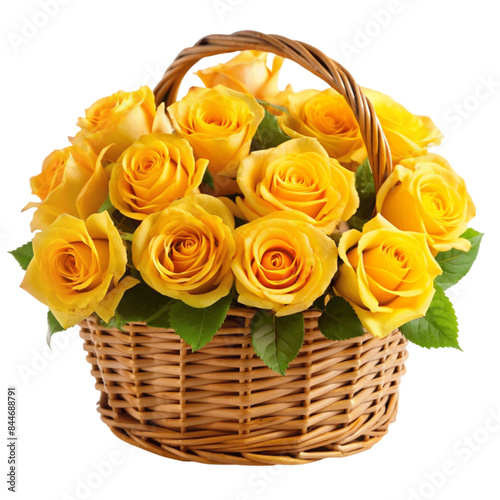 Yellow roses in a basket isolated on transparent background.