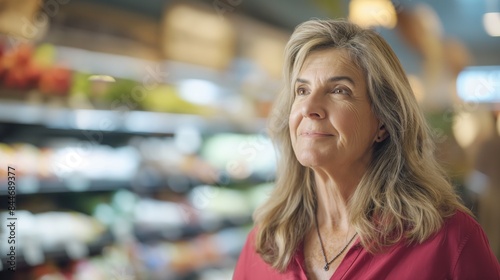Wallpaper Mural Woman 50s shopping in retail grocery store supermarket Caucasian female thinking what to buy supplies household items groceries daily necessities market Torontodigital.ca