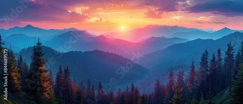 A serene mountain landscape with a vibrant sunset in the background.