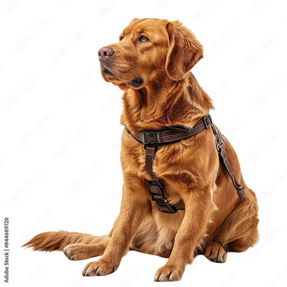 A well-groomed Golden Retriever wearing a harness, sitting obediently and looking upward. Perfect for pet and outdoor-themed stock photos.