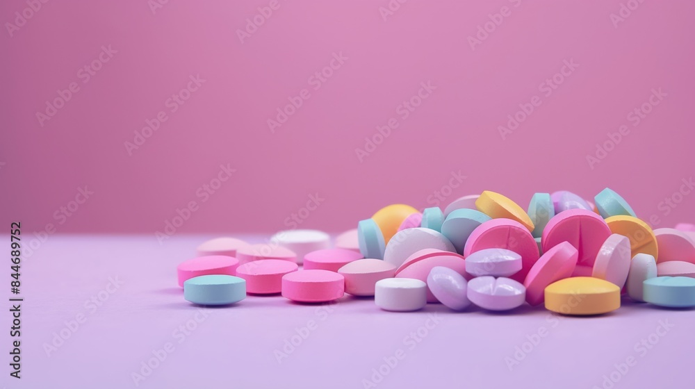 Yellow pink blue round pills tablets medicine on light blue background close up shot copy space Yellow pink blue round pills tablets medicine on light blue background close up shot copy space