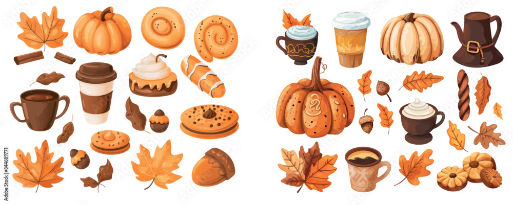 Objects of autumn set, isolated on white background. Pumpkin, coffee, cookie, leaves, acorn.