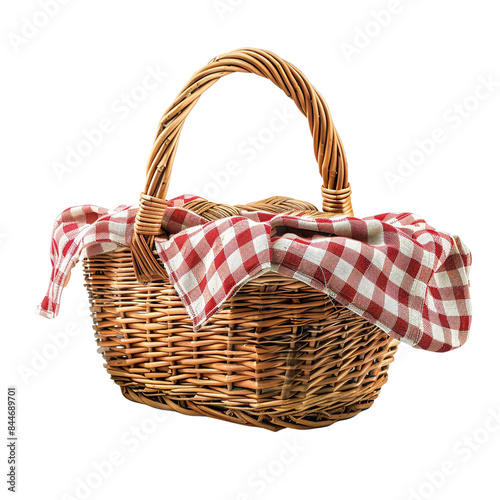 A wicker picnic basket with a red and white gingham cloth, perfect for outdoor gatherings and picnics. Portable and charming design.