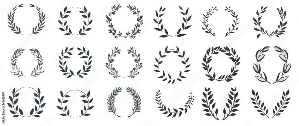 A collection of wreath icons and laurel foliates. Olive branches from Greek and Roman architecture. A collection of wreath icons and laurel foliates. Olive branches from Greek and Roman architecture.
