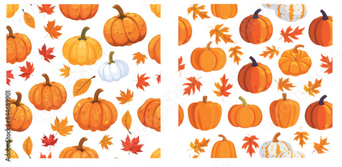 An animated seamless pattern with pumpkins and squash leaves in different colors. Thanksgiving background, harvest, halloween.