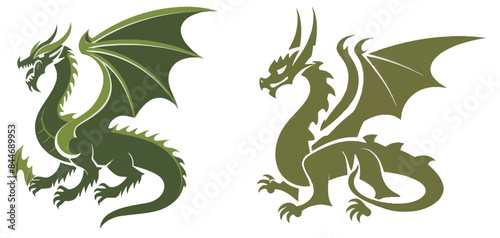Illustration of medieval green dragons with wings. Knight dragons with wings.