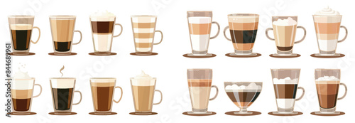 The various types of coffee are represented in flat style on a brown background, including espresso, americano, latte, cappuccino, macchiato, frappe.