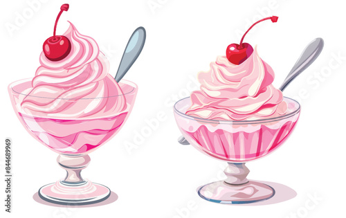 Symbol of a cherry ice cream dessert in a transparent glass with a spoon. A cartoon modern illustration of a cream dessert. A sweet berry dish.