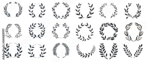 A collection of wreath icons and laurel foliates. Olive branches from Greek and Roman architecture. © Mark