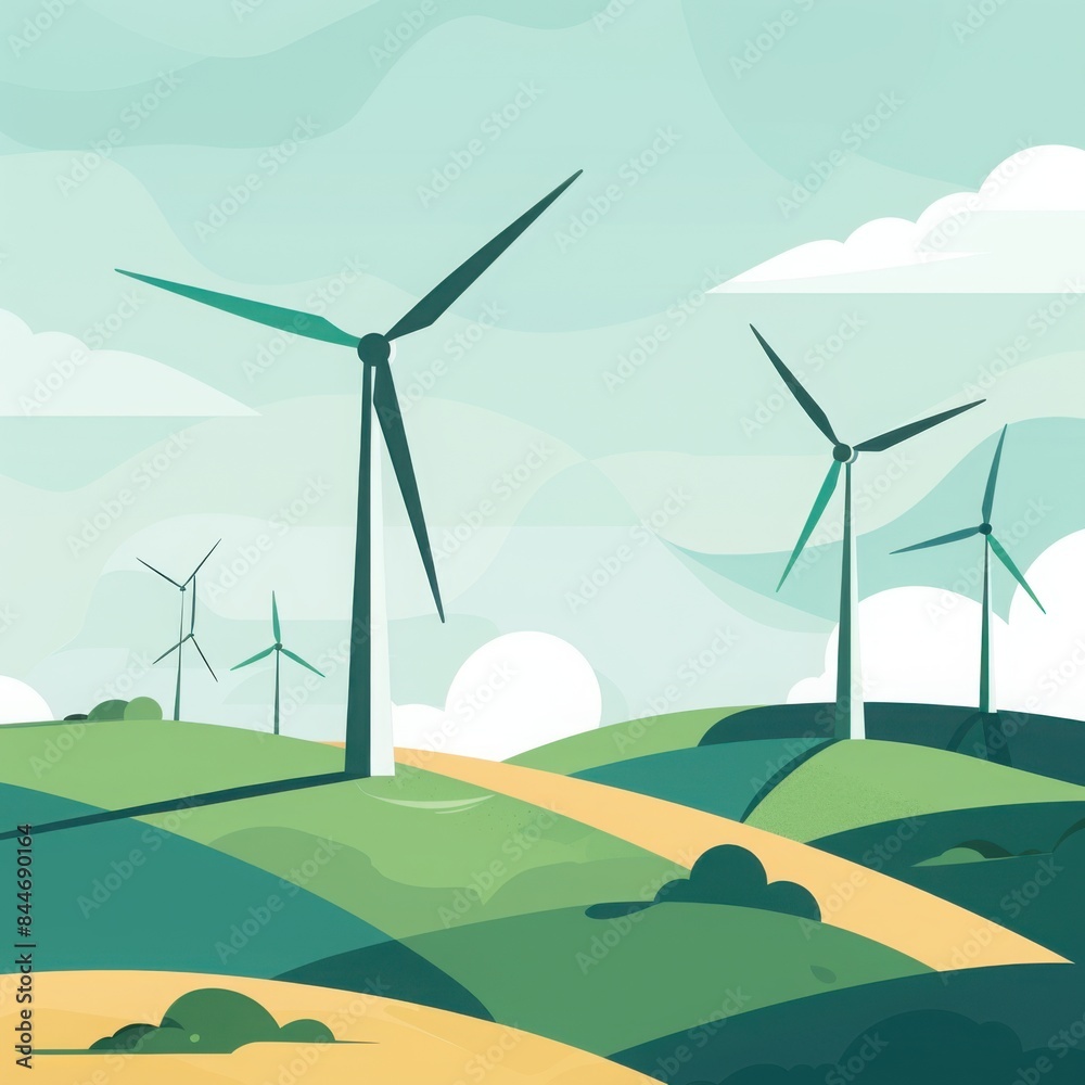 Obraz premium A vector illustration of wind turbines on a hill, representing renewable energy engineering