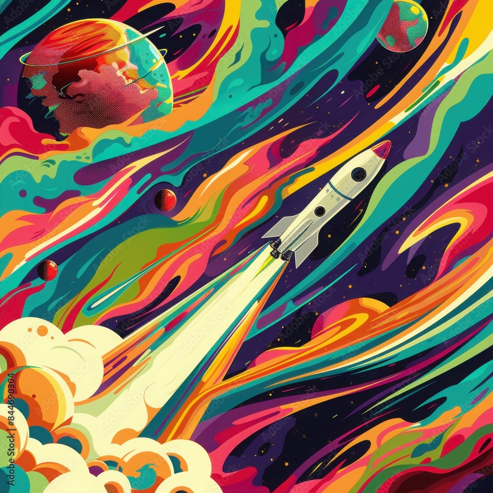 A vibrant illustration of a space rocket launching from a planet A vibrant illustration of a space rocket launching from a planet