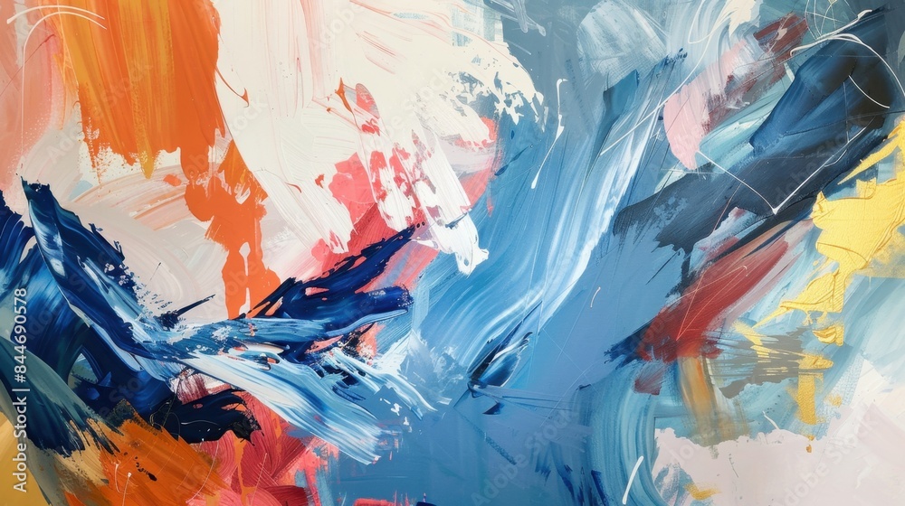 A dynamic abstract painting with bold colors and sweeping brushstrokes, set against a neutral gallery wall. --ar 16:9 --style raw Job ID: c50e6683-9c2f-4306-b493-4e33c0f8e8c8 A dynamic abstract painting with bold colors and sweeping brushstrokes, set against a neutral gallery wall. --ar 16:9 --style raw Job ID: c50e6683-9c2f-4306-b493-4e33c0f8e8c8