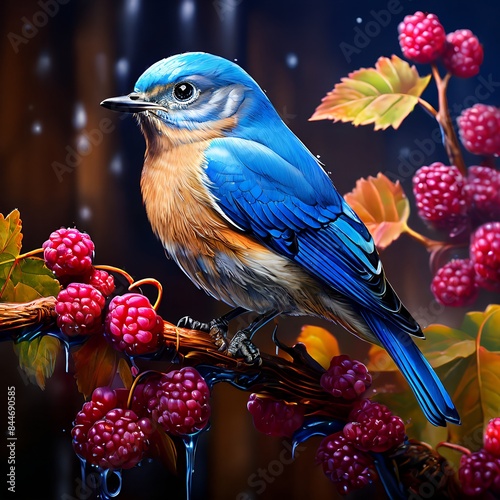 vivid colors eastern bluebird on a raspberry vine tree branch