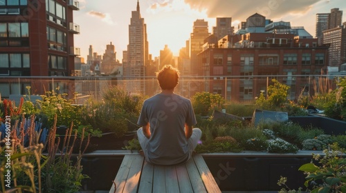 A person practicing mindfulness meditation on a rooftop garden overlooking a bustling city, emphasizing mental wellness in urban life. 